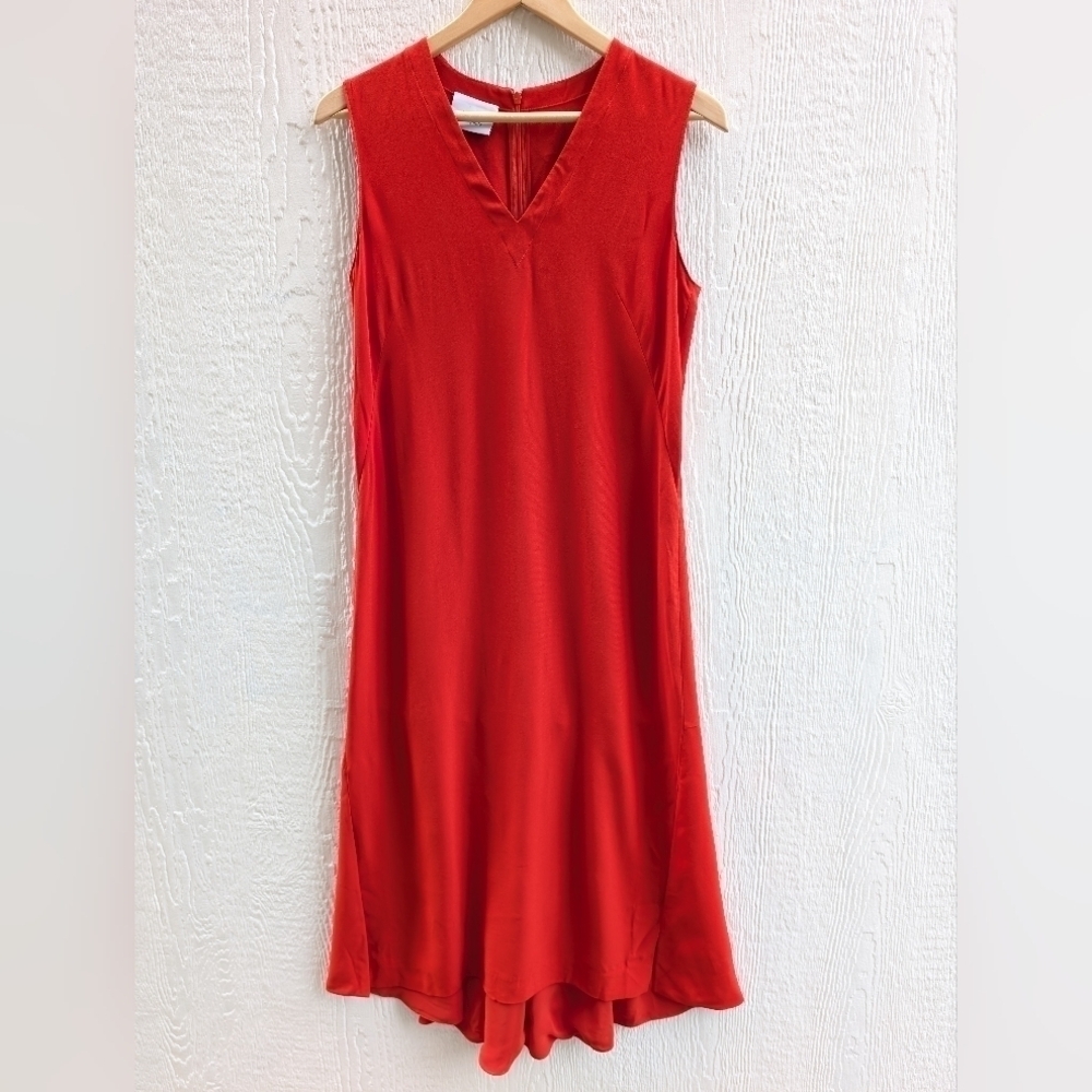 Akris Punto Red V-Neck Front Slit Midi Dress Holiday Party Women's Size 6